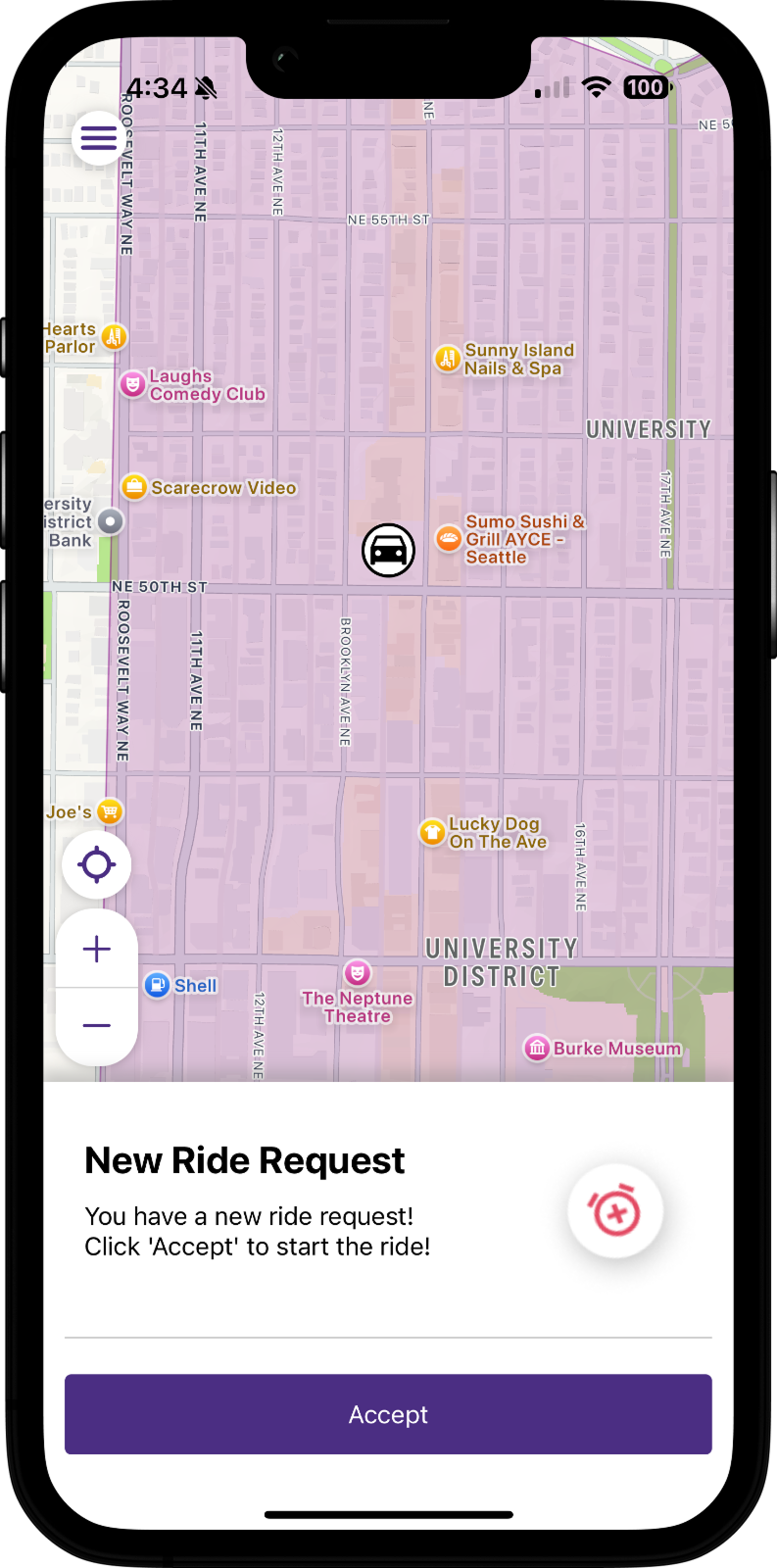 Driver view of an incoming ride request in the Palana app